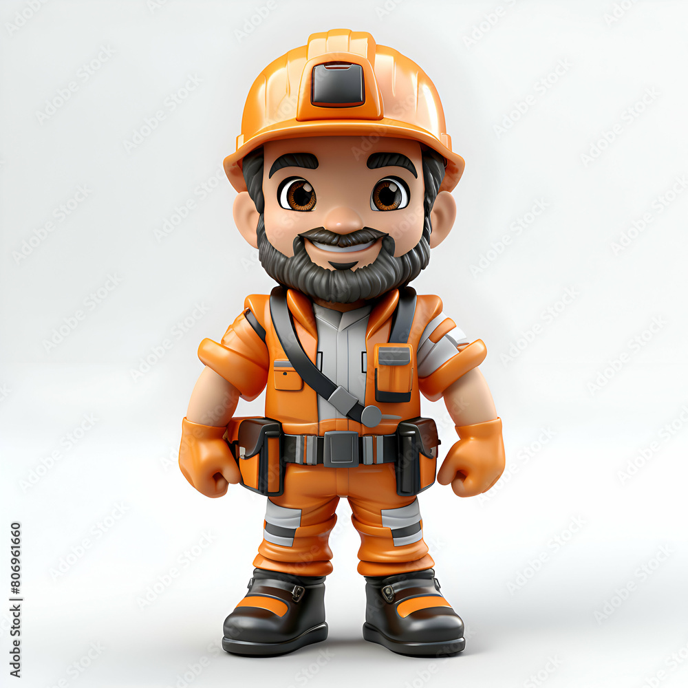 Cartoon construction worker with helmet and reflective vest. 3d illustration.