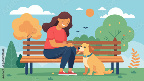 A woman sitting on a park bench with her therapy dog by her side enjoying the calming effect of petting and snuggling with her fourlegged companion..