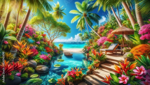 a relaxing view of a paradise landscape for meditation of a tropical oasis  colorful exotic plants  flowers  azure water with a boat  a house and a relaxation area on the seashore