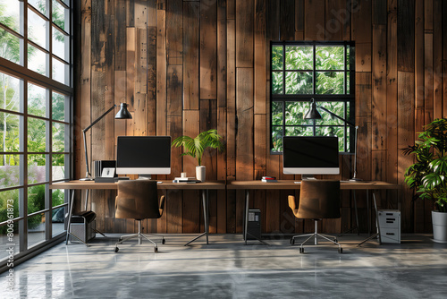 A rustic office setting with rich wooden wall paneling and large windows. The office is equipped with modern desks, leather swivel chairs, sleek monitors, and stylish desk lamps photo