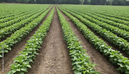 Rows of neatly planted soybean plants in a rural f