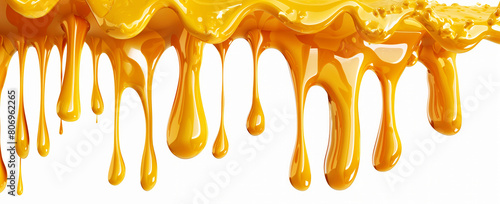 Glossy, dripping yellow liquid with highly viscous and realistic texture against a white background. photo