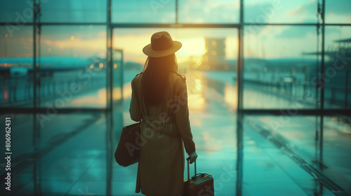 A woman traveler silhouetted against a glowing sunset at the airport, looking out onto the runway. Her every detail from outfit to demeanor speaking of the modern, luxurious travelers journey. photo