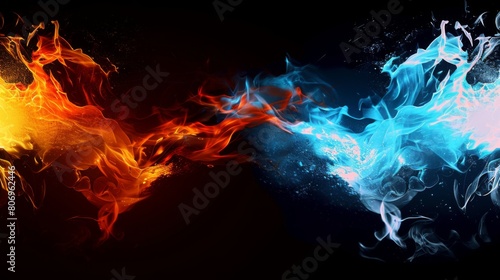 A dark background with two flames  one red and the other blue.