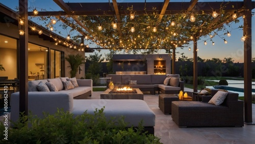 Discover the perfect blend of style and functionality in a modern outdoor living area, where distinctive hanging lighting fixtures add a touch of personality and ambiance to your outdoor oasis. © xKas
