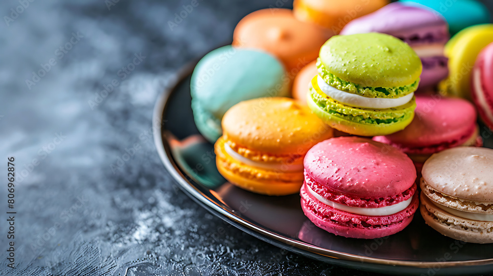 Fototapeta premium Colorful food photography, sweet macarons, sweets table