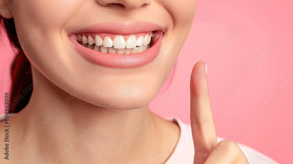Obraz premium Dental banner. close up Woman point finger to showing white teeth, pastel background. beautiful smile. Teeth whitening. Happy woman