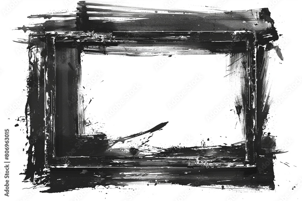 Fototapeta premium A distressed black vector frame with a rough, textured border, empty on the inside, set against a clean white background.