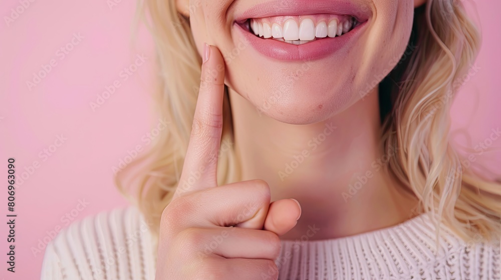 Obraz premium Dental banner. close up Woman point finger to showing white teeth, pastel background. beautiful smile. Teeth whitening. Happy woman