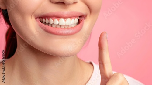  Dental banner. close up Woman point finger to showing white teeth, pastel background. beautiful smile. Teeth whitening. Happy woman