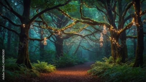 Discover the secrets of an enchanting forest where towering fairytale trees loom overhead  their branches adorned with lush foliage  creating a magical haven filled with wonder and mystery.