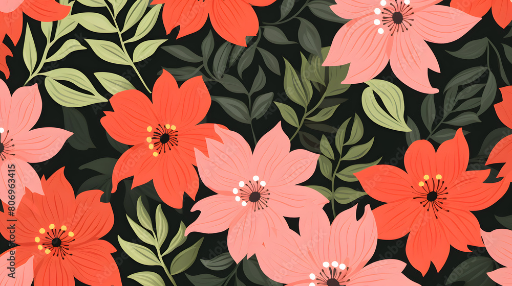 Digital pink and orange flowers pattern abstract graphic poster background