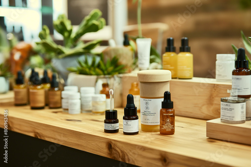 Arrange your luxury organic cosmetic, skincare, beauty, body care, and treatment products on the wooden counter table in an organized and visually appealing manner