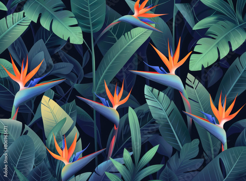 Strelitzia reginae flower in the jungle, vector illustration photo