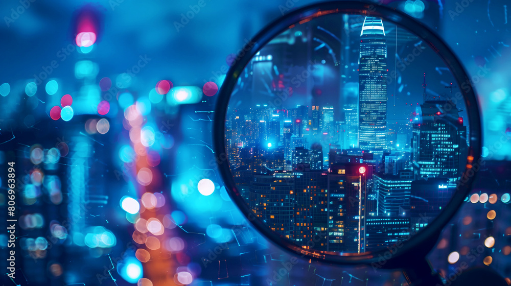 Magnified view of a futuristic cityscape with vibrant lights and skyscrapers under a night sky. Magnified view of a futuristic cityscape with vibrant lights and skyscrapers under a night sky.