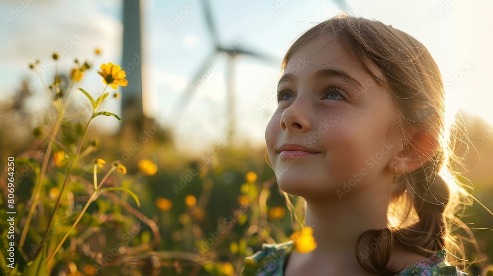 hopeful young girl gazing at wind turbine symbol of green energy and co2 emission reduction environmentally conscious future generation portrait hopeful young girl gazing at wind turbine symbol of green energy and co2 emission reduction environmentally conscious future generation portrait