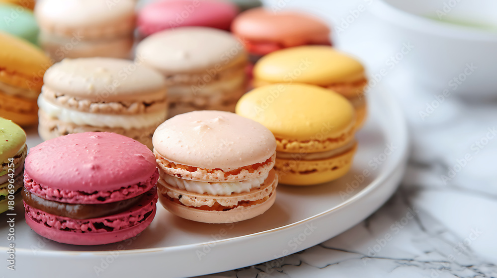 Fototapeta premium Colorful food photography, sweet macarons, sweets table