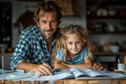 Happy father and daughter studying together, sharing smiles and learning at home with books and drawings