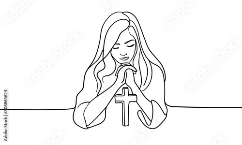 Girl praying continuous line art drawing isolated on white background. Chuch, bible, christian, vector illustration