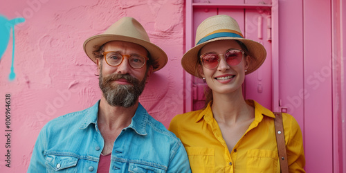 A happy couple enjoys a romantic summer vacation together, exploring the beauty of a sunny city