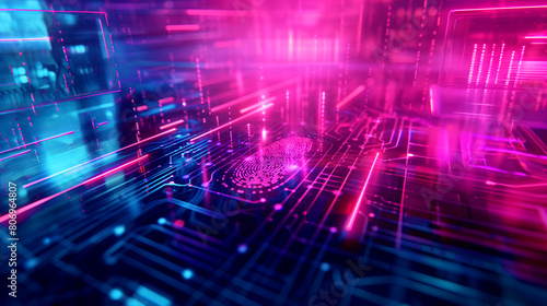 Vivid digital landscape featuring a glowing fingerprint on a circuit board with blue and pink neon lights.