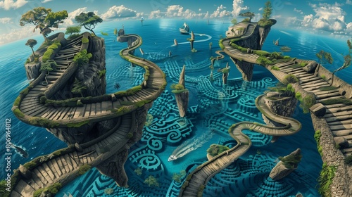 Optical illusion-laden map, surreal in style, with staircases that ascend to airborne islands above convoluted ocean paths. © Abdul