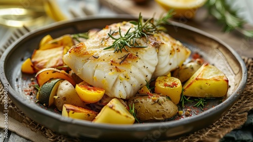 lemon rosemary delight baked cod loin with potatoes and vegetables gourmet seafood dish food photography © Bijac