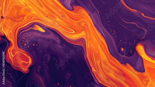 Bright orange swirls create a fluid marble texture over a deep purple background.