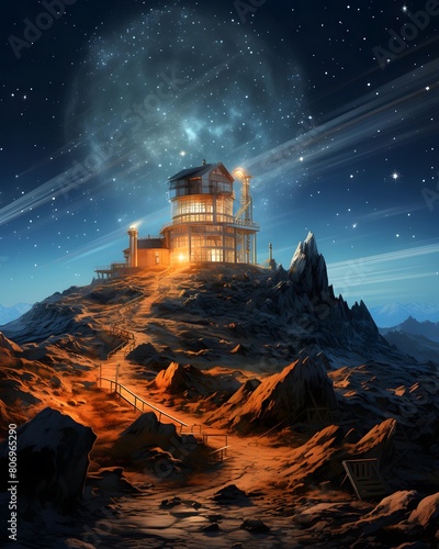 Fantasy alien planet. Mountain with a lighthouse. 3D illustration