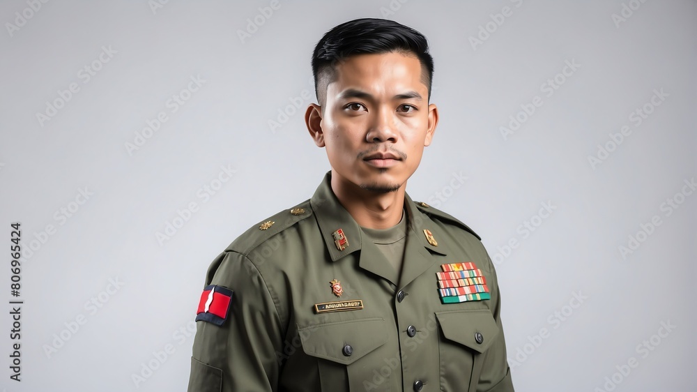 young indonesian military man studio portrait on plain white background from Generative AI