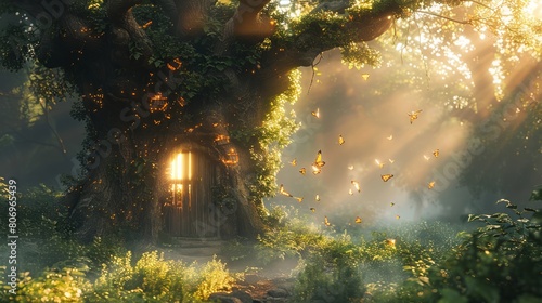 Warm-lit portal in ancient tree with delicate butterflies floating among lush greenery at dawn.