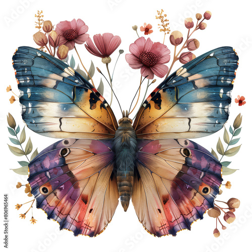 Cute beautiful butterfly, pastel colors, flowers, watercolor illustration