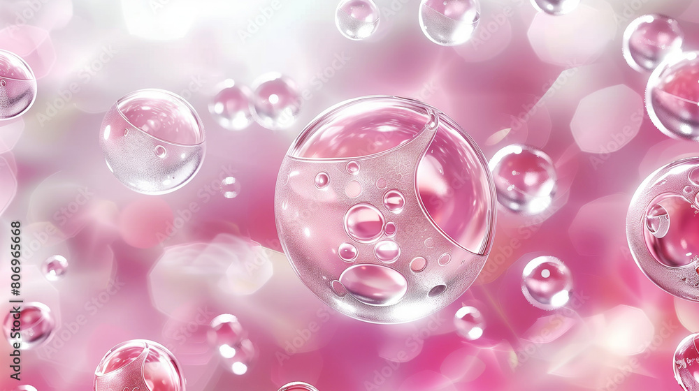 Abstract image of shiny, translucent bubbles floating in a pink hued backdrop with a soft bokeh effect.