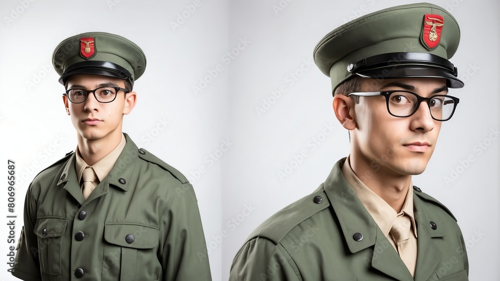 young nerd military man studio portrait on plain white background from Generative AI young nerd military man studio portrait on plain white background from Generative AI