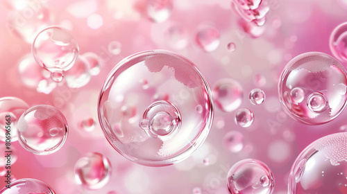 Abstract image featuring numerous translucent pink bubbles of varying sizes on a soft pink background.