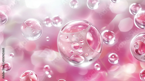 Abstract image of shiny  translucent bubbles floating in a pink hued backdrop with a soft bokeh effect.