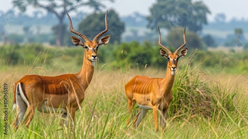 majestic reddishbrown antelope kobus kob thomasi in natural habitat male in foreground female in background murchison falls uganda photo