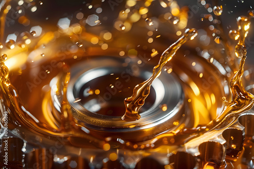 Close-up view of a metal bearing with dynamic oil splashes, symbolizing machinery lubrication and maintenance. AI