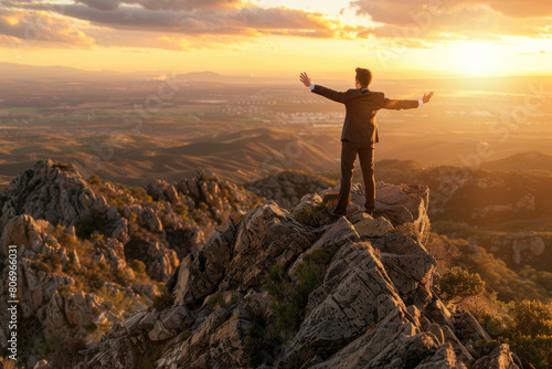 Professional businessman  stands with arms raised in victory on a rugged mountain peak, bathed in the warm glow of sunset, overlooking a vast, scenic valley below, embodying achievement and freedom photo