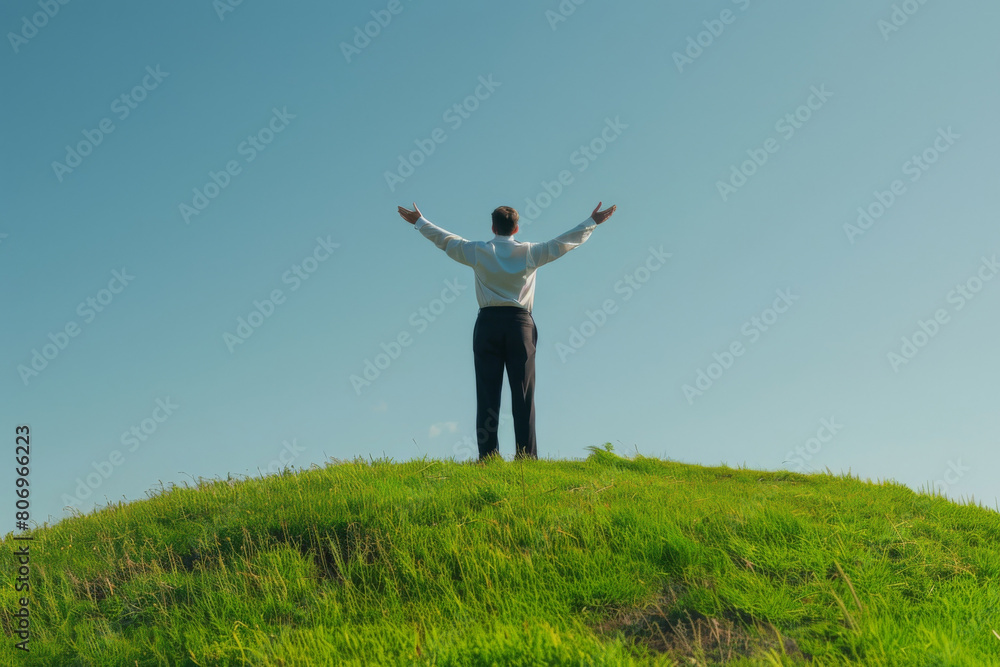 Businessman stands with arms outstretched on a grassy hilltop against a clear blue sky, symbolizing success, ambition, and the achievement of personal or career goals Businessman stands with arms outstretched on a grassy hilltop against a clear blue sky, symbolizing success, ambition, and the achievement of personal or career goals
