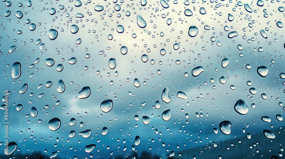 Windowpane pattern with abstract blue and gray raindrops, simulating a rainy view.