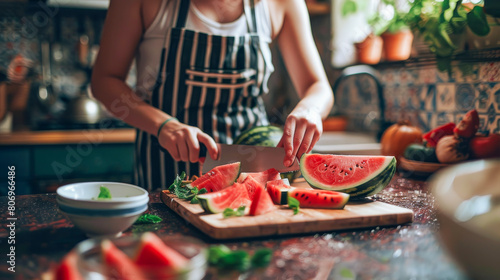 Young woman cut home grown watermelon at home in kitchen - Fresh organic fruit - Models by AI generative