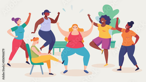 A vibrant bodypositive environment where individuals of different sizes and abilities come together to enjoy a lowimpact highenergy chair Zumba. Vector illustration