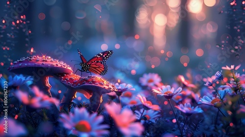 Radiant mushrooms casting light over vibrant flowers with a sparkling butterfly in flight, captured at dusk. © sopiangraphics