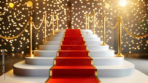 Elegant white staircase with a red carpet, flanked by golden posts and ropes, against a bokeh light background. photo