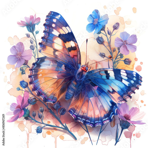 Cute beautiful butterfly, pastel colors, flowers, watercolor illustration