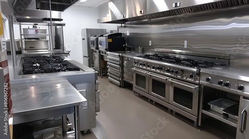 professional stainless steel commercial kitchen with convection ovens and appliances