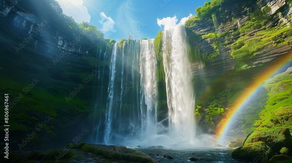 Fototapeta premium rainbow cascade majestic waterfall with vibrant rainbow arching above scenic nature landscape