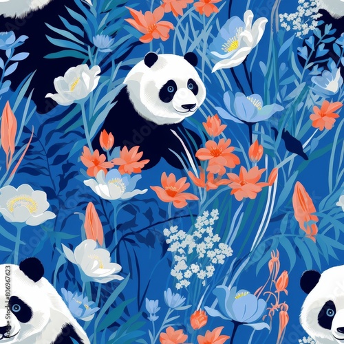Blue Background Pattern with Contemplative Pandas