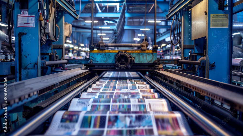 Industrial printing press in operation, producing colorful printed materials on a factory floor.